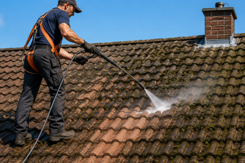Professional roof cleaning service removing moss and debris from roof tiles