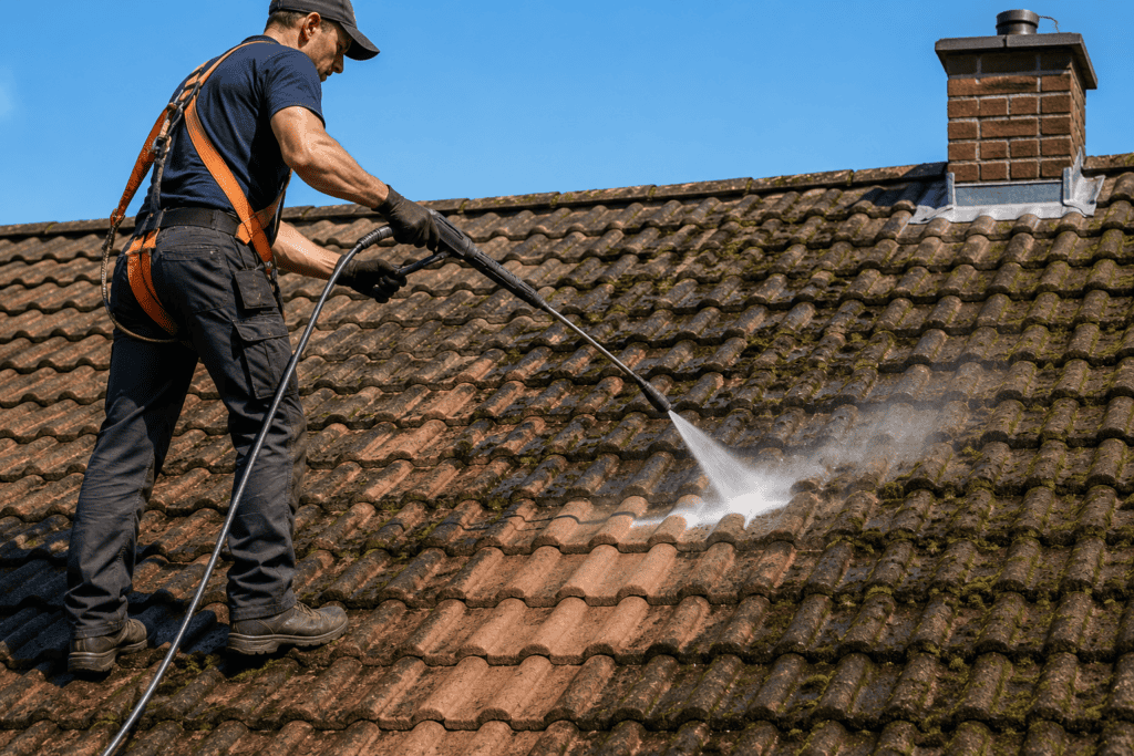 Professional roof cleaning service removing moss and debris from roof tiles